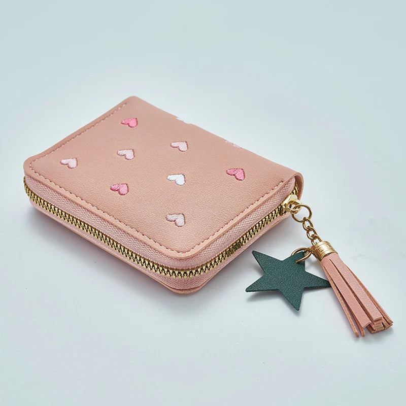 Pu Leather Mini Wallet for Women - Multifunctional Money Clip with Love Embroidery and Certificate Storage