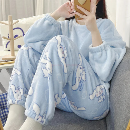 Sanrio Anime Cinnamoroll Pajamas, Kawaii Kuromi and My Melody Flannel Pullover, Coral Velvet Winter Warm Pajamas, Homewear for Girls Gifts