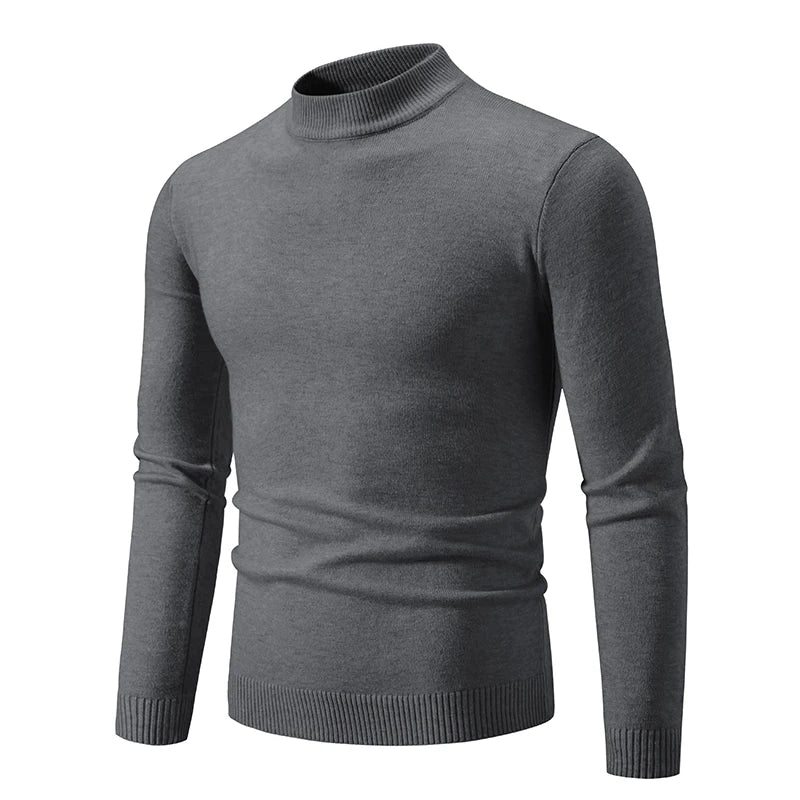 Autumn Men's Half High Neck Sweater - Basic Solid Color Slim Fit, Versatile Casual Knitwear with Elastic Round Neck Design