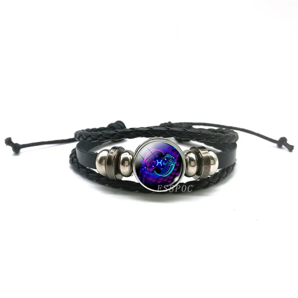 Men’s Zodiac Sign Leather Bracelet | 12 Constellation Black Braided Wrap | Punk Style Multilayer Bracelet for Birthday Gifts