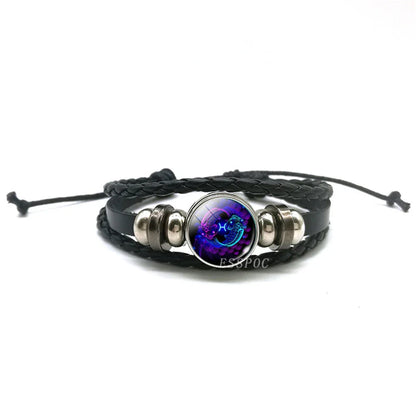 New Men's 12 Constellation Black Braided Leather Bracelet – Punk Style Zodiac Sign Multilayer Wrap Bracelet for Birthday Gifts