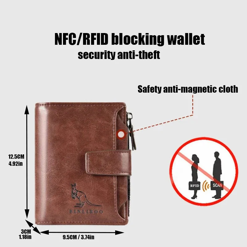 Luxury Leather Men’s Short Wallet – RFID Card Holder with Zipper Coin Purse Portable Billfold