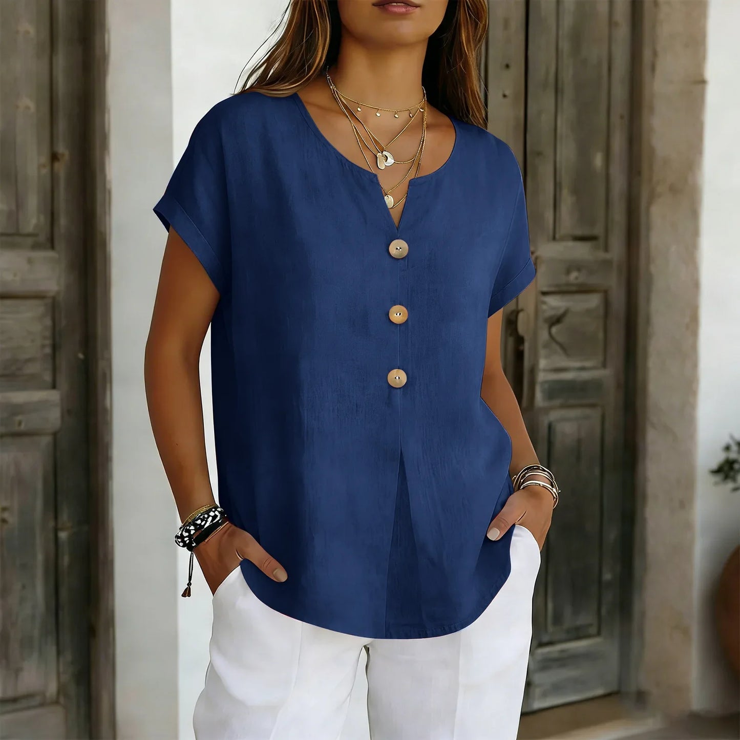 Women’s 2026 Summer Cotton Linen V-Neck Blouse – Solid Color Short Sleeve Loose Button Casual Plus Size Shirt