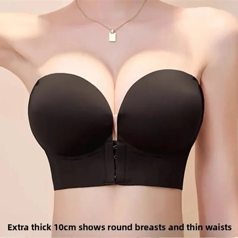 10CM Extreme Push-Up Strapless Bra – Front Closure, Anti-Slip Lift for Small Chest, AA-A-B Cups, No Side Bulge
