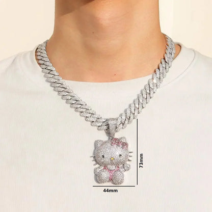 Kawaii Hello Kitty Necklace – Anime Sanrio Hip Hop Diamond Pendant with Cuba Chain, Cute Cartoon Jewelry Gift for Men & Women