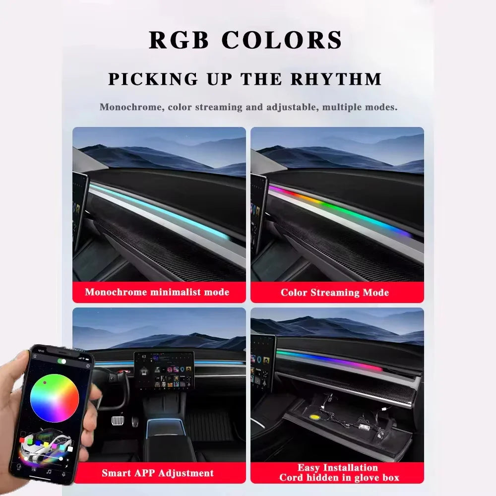 2-in-1 Dynamic Neon RGB Car LED Ambient Lighting – Auto OFF 60s Module for Tesla Model 3 & Y Dashboard Decoration