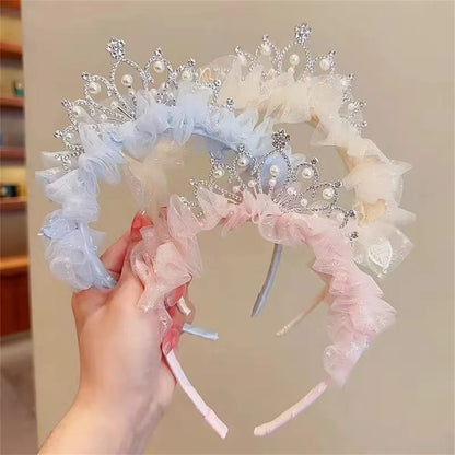 Girls Pearl Crown Headband - Sweet Princess Mesh Hair Hoop for Birthday Parties
