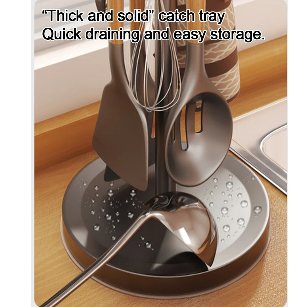 Rotating Kitchen Utensil Stand — 8-Hook Countertop Organizer for Cooking Tools