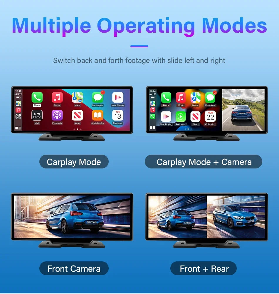 10.26'' 4K Dash Cam Car Mirror Video Player - Wireless CarPlay, Android Auto, GPS, and Rearview Camera Monitor