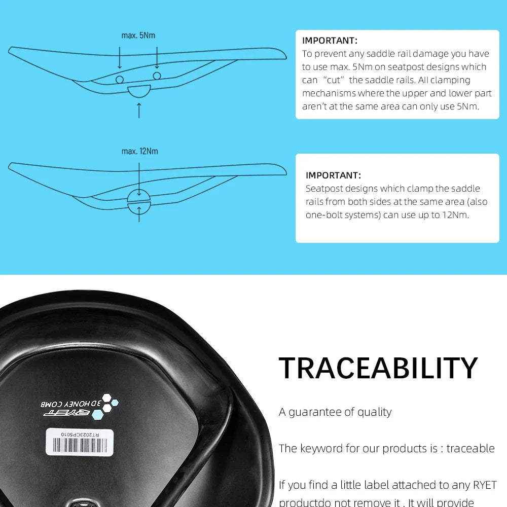 RYET Ultra Full Carbon 3D Printed Bike Saddle — 145mm Lightweight MTB Seat with High Modulus Carbon Fiber Base