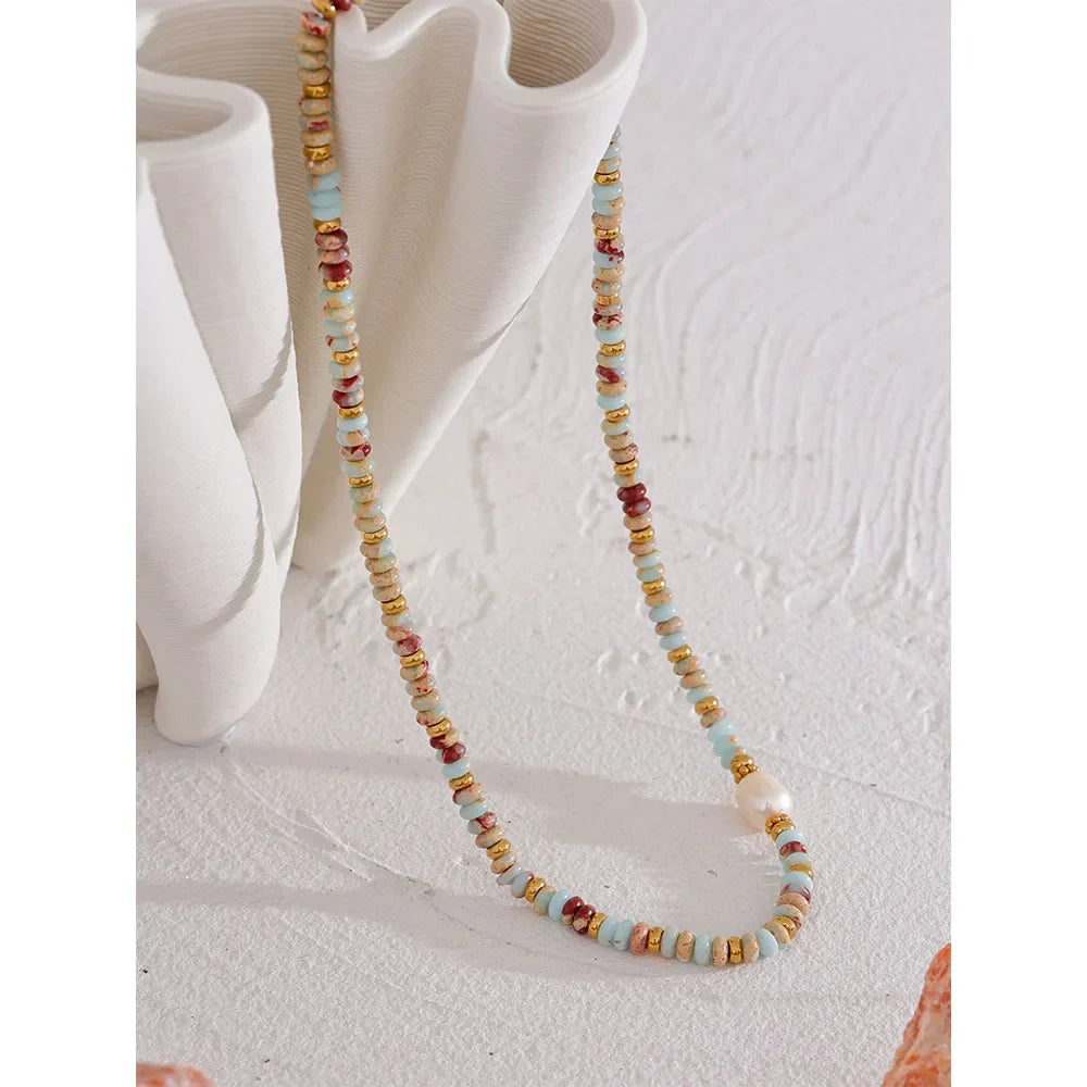 Yhpup Natural Stone & Freshwater Pearl Necklace – Stainless Steel Handmade Beaded Collar Chain Jewelry Gift