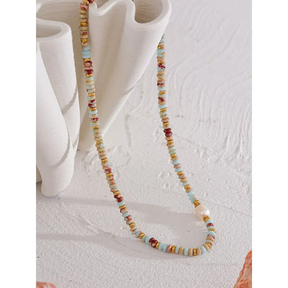 Yhpup Natural Stone & Freshwater Pearl Necklace – Stainless Steel Handmade Beaded Collar Chain Jewelry Gift
