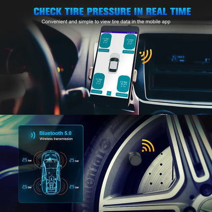 Car TPMS Bluetooth 5.0 Tire Pressure Monitoring System – Motorcycle & Car Tyre Sensor with iOS/Android App Display