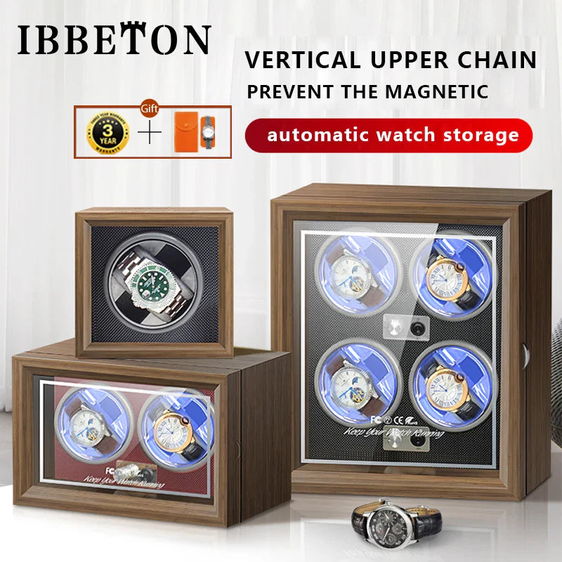 IBBETON Luxury Wood Watch Winder – High-End Automatic Watch Box (2/4/6 Slots) with Mabuchi Mute Motor & Storage Cabinet
