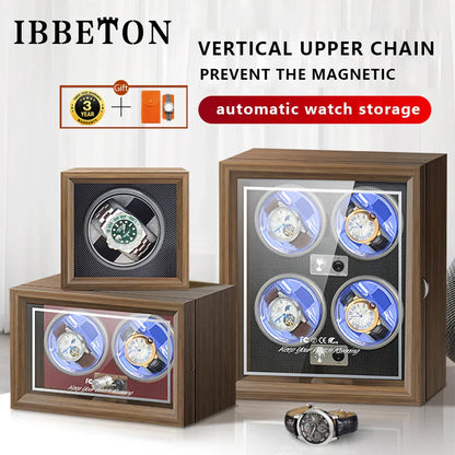 IBBETON Luxury Wood Watch Winder – High-End Automatic Watch Box (2/4/6 Slots) with Mabuchi Mute Motor & Storage Cabinet