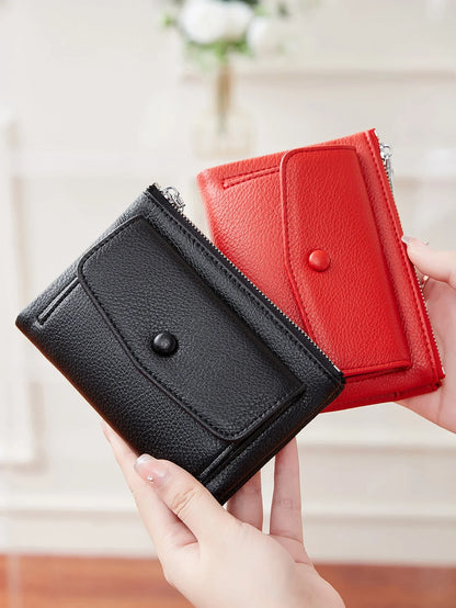 Women’s PU Leather Short Double Zipper Wallet – Simple Solid Color, Large Capacity Credit Card Holder with Coin Pocket