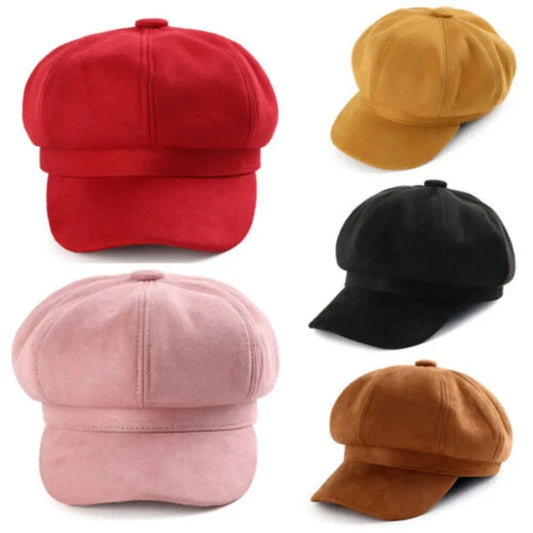 Casual Suede Fabric Hat — Solid Color Adjustable Baker Newsboy Beret Cap