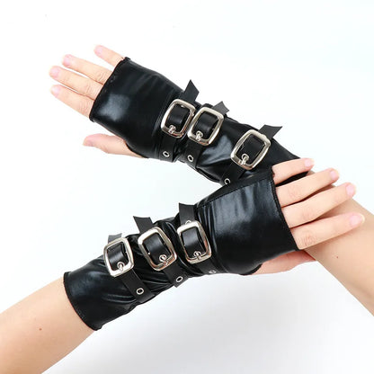 Women Gothic Fingerless Gloves – Black Half Finger Short Leather Gloves with Metal Buckle Wristband, Punk Style Arm Sleeves & Fashion Accessories