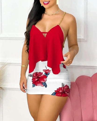 Women’s Summer 2024 Floral Mini Dress – Asymmetrical Chain Strap, Sexy Backless V-Neck Sleeveless Bodycon Dress Set