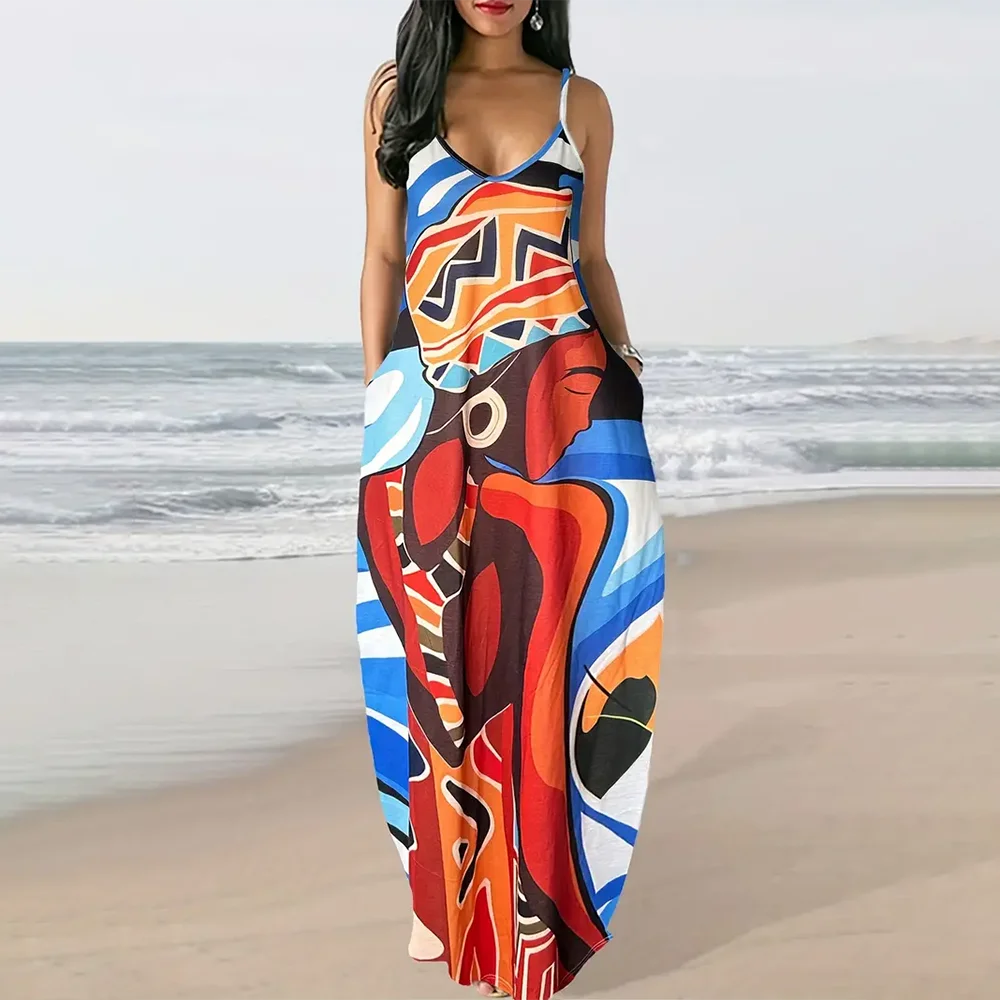 Women’s Summer 3D Butterfly Print Dress – Black & White Sleeveless Spaghetti Strap Loose Long Vest Dress, Plus Size Vintage Style