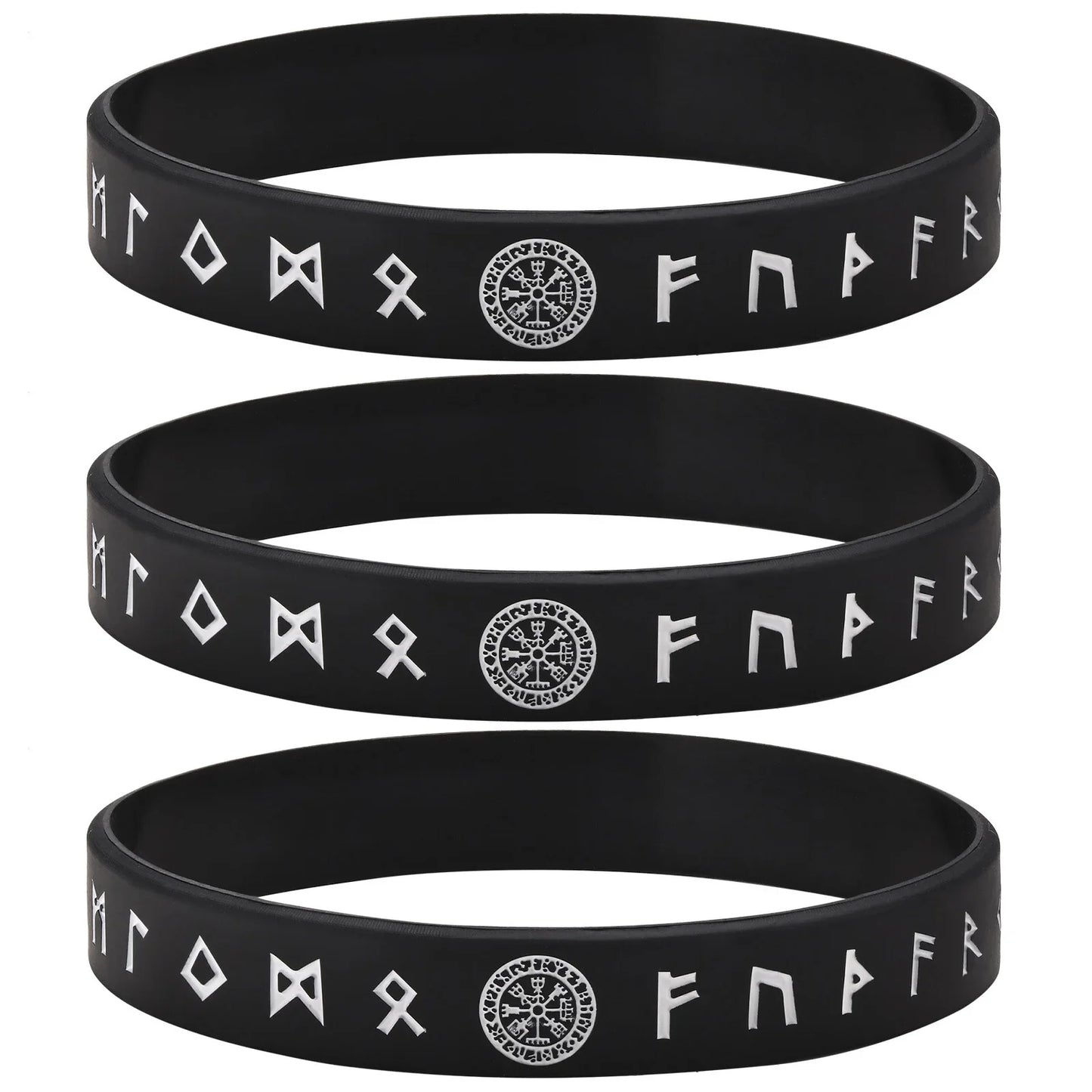 Vnox 12mm Silicone Bracelet for Men - Soft Rubber Viking Compass Rune Amulet Wristband Set