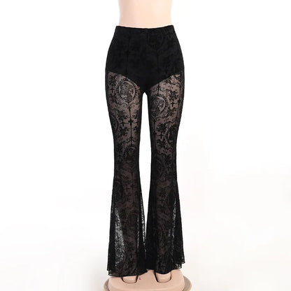 Women’s Gothic Lace Bell-Bottom Pants - High-Waisted Slim Printed Flare Trousers