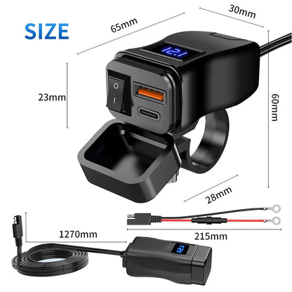 PD QC3.0 Motorcycle USB Fast Charger 60W – Dual USB Handlebar Socket with Switch & Voltmeter Waterproof 12V Power Adapter