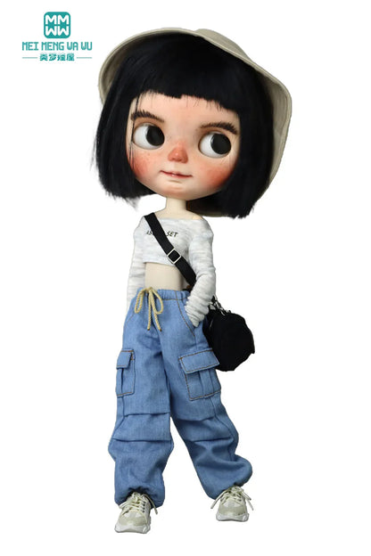 Blythe & Azone OB22/OB24 Doll Clothes — Fashion Jeans Overalls in Khaki, Army Green, Denim Blue, Pink & Black