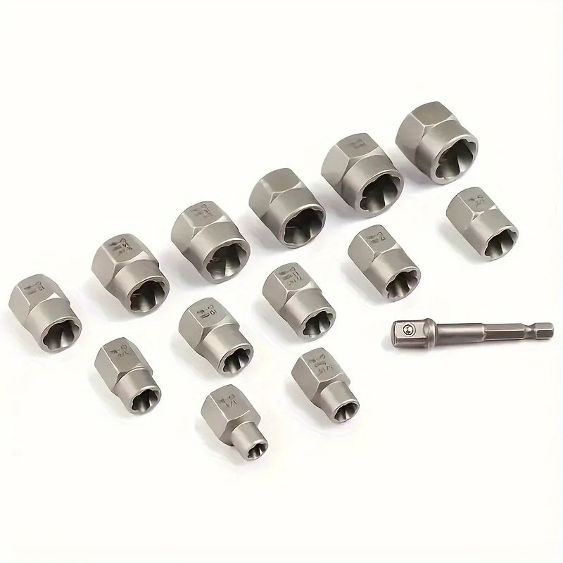 14pcs Damaged Impact Socket Set — Nut & Bolt Extractor/Remover, Chrome Molybdenum Steel with Storage Box