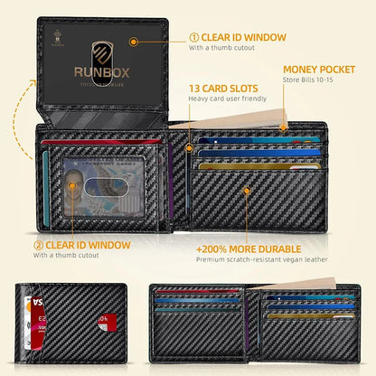 Men's Ultra-Thin RFID Leather Wallet – Carbon Fiber Design with ID Window & Multi Card Slots