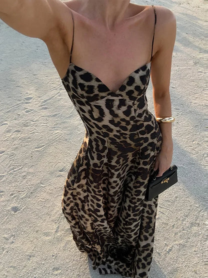 Elegant Leopard Print A-Line Long Dress – Y2K Backless Tube Top Summer Beach Dress for Women 2025