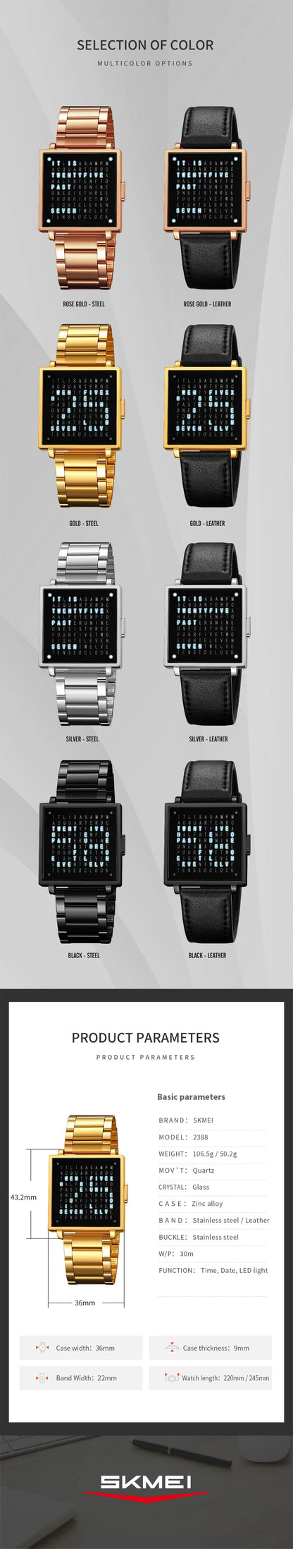 SKMEI 2388 Luxury Digital LED Watch for Men – Waterproof, Date Display, Leather Strap Wristwatch