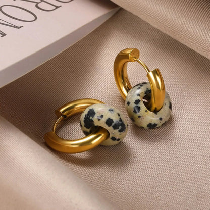 Leopard Bead Opal Stainless Steel Hoop Earrings — Gold Color, Anti-Fading Wedding & Prom Jewelry for Women, Gift Accessory