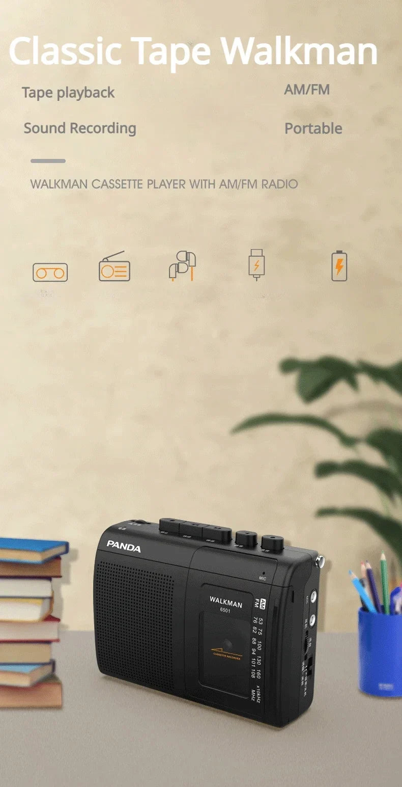 Portable Tape AM/FM Radio – Retro Cassette Music Player Walkman with Loudspeaker & 3.5mm Headphone Support