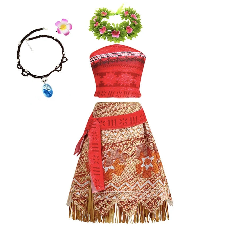 Disney Moana Princess Dress Costume Set - Kids Girls Vaiana Cosplay with Headwear, Necklace & Pet Accessories