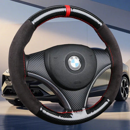 Dual-Tone Carbon Suede Steering Wheel Cover — Non-Slip, Soft Comfort, Universal Fit for Round & D-Type Wheels
