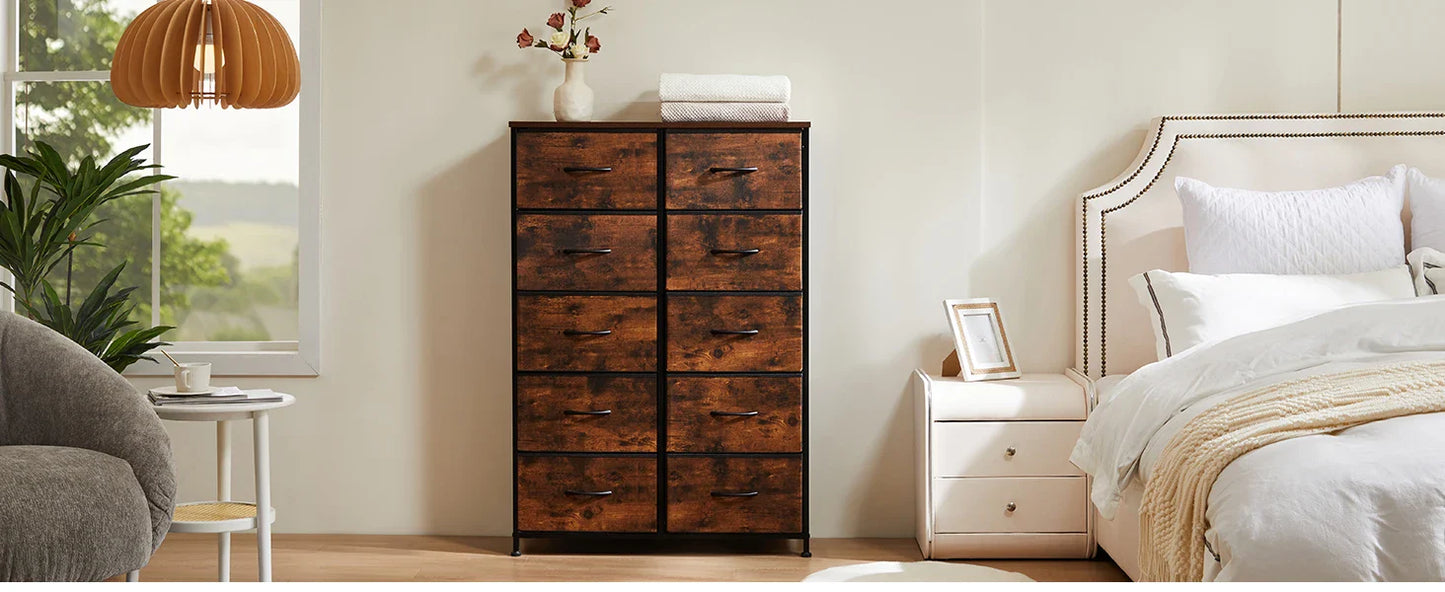 Bedside Table with 10 Fabric Drawers – Steel Frame Storage Cabinet for Bedroom & Living Room