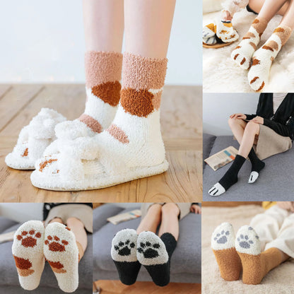Women's Winter Warm Fluffy Socks - Cute Animal Claw and Cat Paw Prints, Thick Coral Fleece Home and Sleep Socks