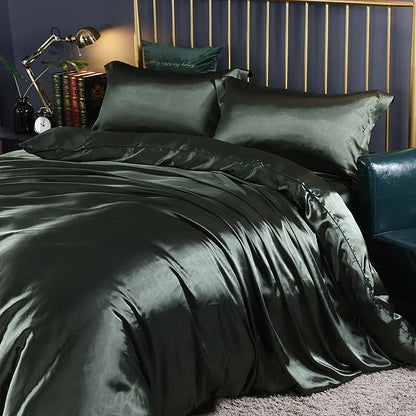 Silk Bedding Set With Duvet Cover - Luxury Satin Bed Sheet Pillowcase Set Solid Color King Queen Twin Size