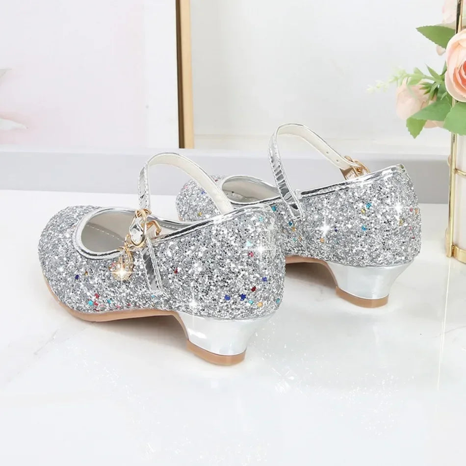 Girls Glitter Crystal High Heel Sandals - Buckle Princess Dance & Performance Shoes