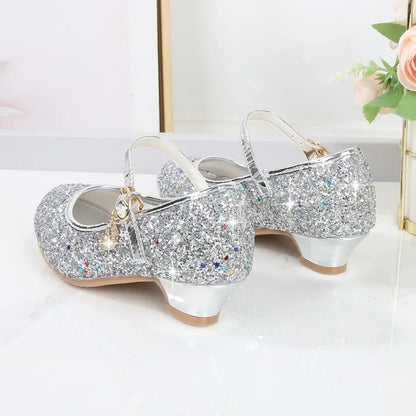 Girls Glitter Crystal High Heel Sandals - Buckle Princess Dance & Performance Shoes