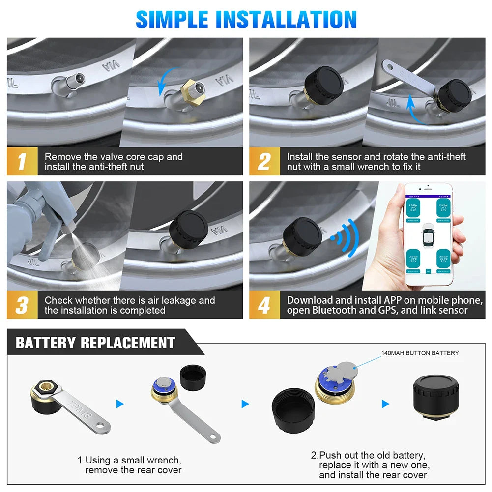 Car TPMS Bluetooth 5.0 Tire Pressure Monitoring System – Motorcycle & Car Tyre Sensor with iOS/Android App Display
