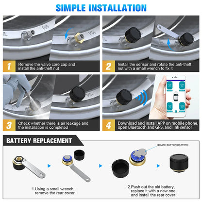 Car TPMS Bluetooth 5.0 Tire Pressure Monitoring System – Motorcycle & Car Tyre Sensor with iOS/Android App Display