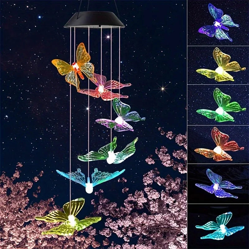 LED Color-Changing Butterfly, Dragonfly & Hummingbird Solar Wind Chime – Waterproof Outdoor Decoration & Birthday Gift