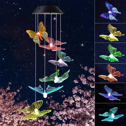 LED Color-Changing Butterfly, Dragonfly & Hummingbird Solar Wind Chime – Waterproof Outdoor Decoration & Birthday Gift