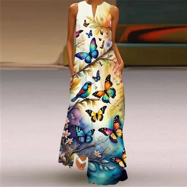 Women’s Retro V-Neck Summer Dress - Sleeveless Printed Maxi Swing Skirt with Loose Comfortable Fit