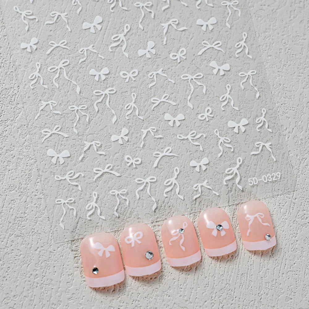 5D Pink & White Bowknot Nail Stickers – Self-Adhesive Kawaii Ribbon Nail Art Decals for DIY Manicure & Nail Decoration