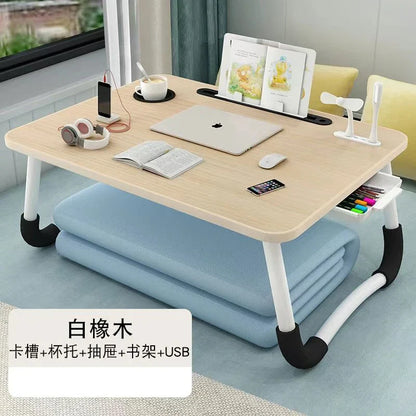 Foldable Laptop Desk for Bed & Sofa – Portable Lap Table with Cup, Book Holder, Drawer, and USB Slot