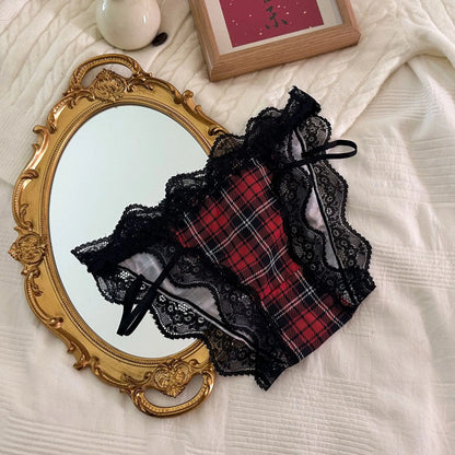 Sexy Lace-Trimmed Bow Tie Panties – Black & Red Checkered Kawaii Women’s Briefs for Party, Holiday & Vacation