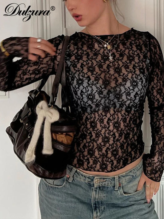 Dulzura Long Sleeve See-Through Lace Crop Top – Sexy Solid Bodycon T-Shirt for Women – Perfect for Party & Club – Autumn/Winter Fashion